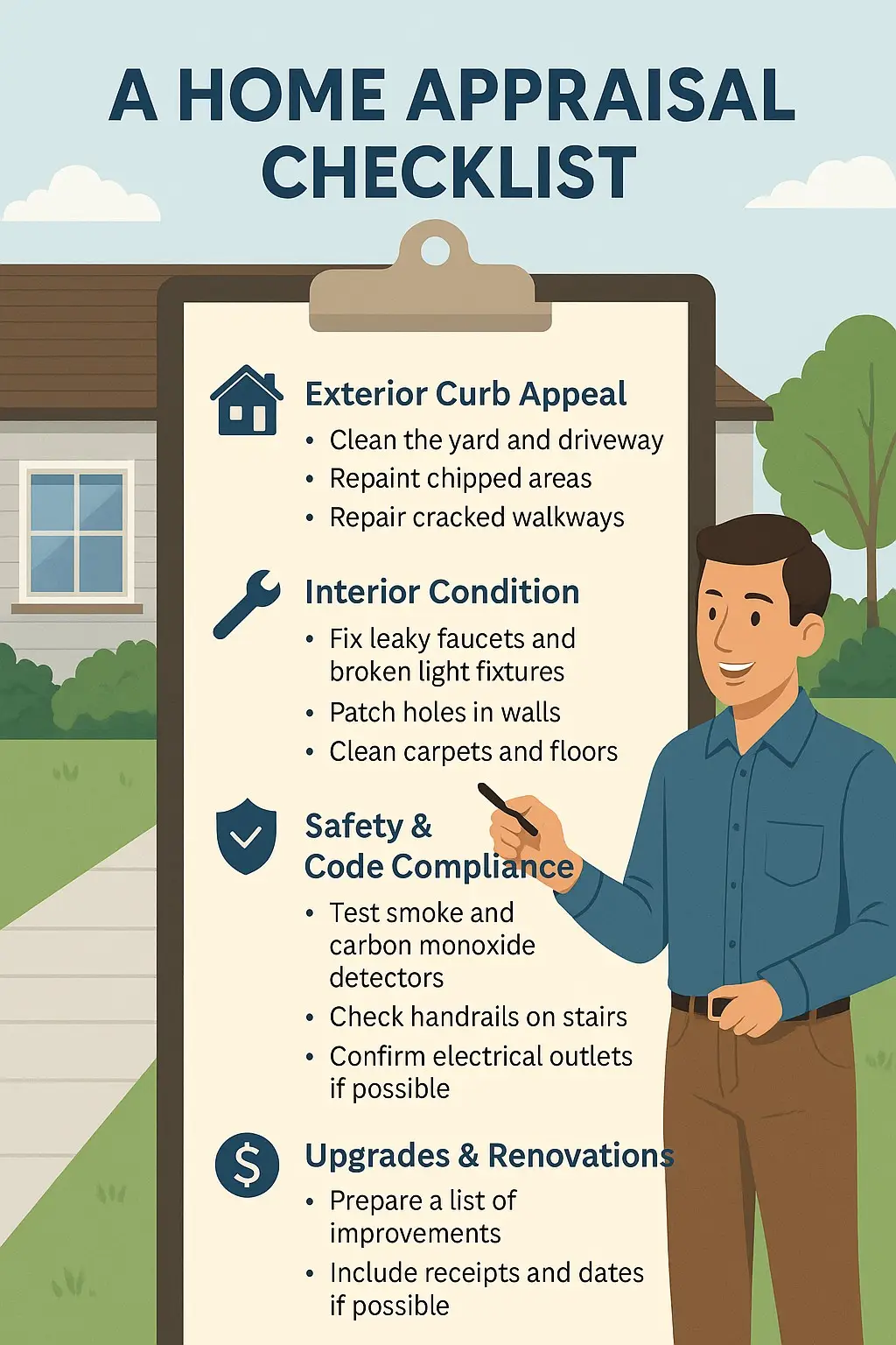 Illustration of a home appraisal checklist with tips for improving property value, including curb appeal, interior condition, safety compliance, and upgrades.