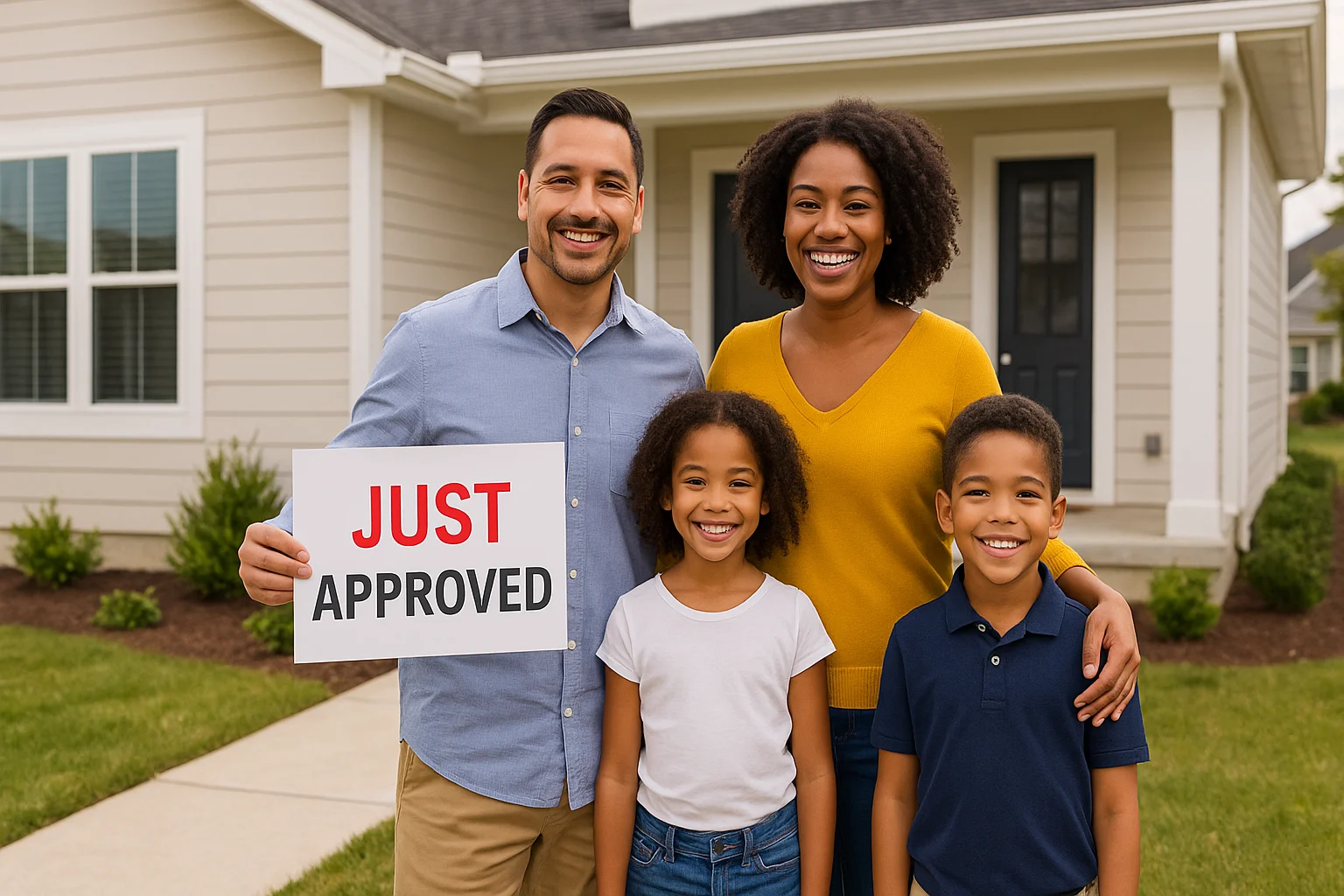 Diverse family of four smiling proudly in front of their new home, holding a “Just Approved” sign after FHA loan approval.
